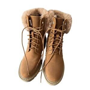 Nicole Miller Women's Latte Faux Fur Trim Quilted Wedge Boots Camel Size 7.5